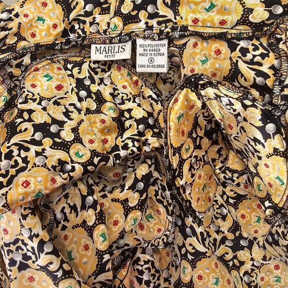 Marlis Petite 90s Satiny Black Gold Double Breast Blouse Size 4P Shawl Collar - Picture 4 of 10